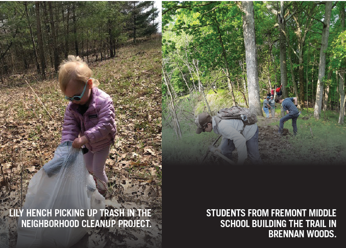 Lily Hench pick up trash (left). Trail building (right).